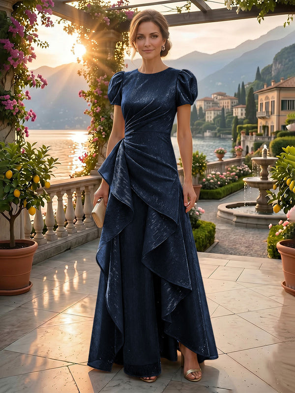 A-Line/Princess Scoop Neck Tea-Length Mother of the Bride & Groom Dresses with Ruffles & Ruched Waist