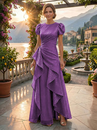 A-Line/Princess Scoop Neck Tea-Length Mother of the Bride & Groom Dresses with Ruffles & Ruched Waist