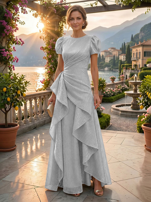 A-Line/Princess Scoop Neck Tea-Length Mother of the Bride & Groom Dresses with Ruffles & Ruched Waist