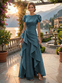 A-Line/Princess Scoop Neck Tea-Length Mother of the Bride & Groom Dresses with Ruffles & Ruched Waist