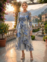 Jacquard A-Line/Princess Scoop Neck Tea-Length Mother of the Bride & Groom Dresses with Ruffles & Ruched Waist