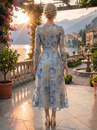 Jacquard A-Line/Princess Scoop Neck Tea-Length Mother of the Bride & Groom Dresses with Ruffles & Ruched Waist
