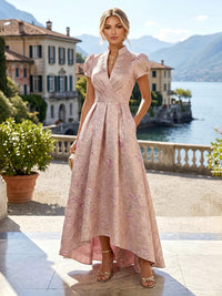 Jacquard A-Line/Princess V-Neck High-Low Mother of the Bride & Groom Dresses with Ruched Waist & Pockets