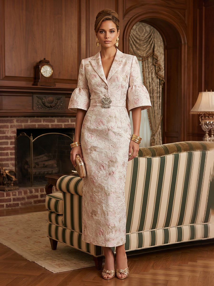 Jacquard Sheath/Column V-Neck Tea-Length Mother of the Bride & Groom Dresses for Women