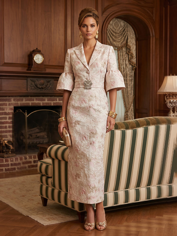 Jacquard Sheath/Column V-Neck Tea-Length Mother of the Bride & Groom Dresses for Women