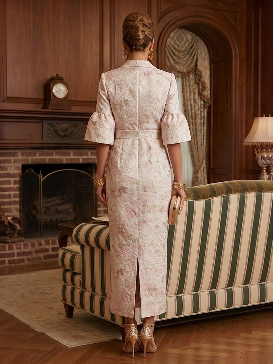 Jacquard Sheath/Column V-Neck Tea-Length Mother of the Bride & Groom Dresses for Women