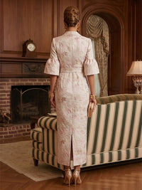 Jacquard Sheath/Column V-Neck Tea-Length Mother of the Bride & Groom Dresses for Women