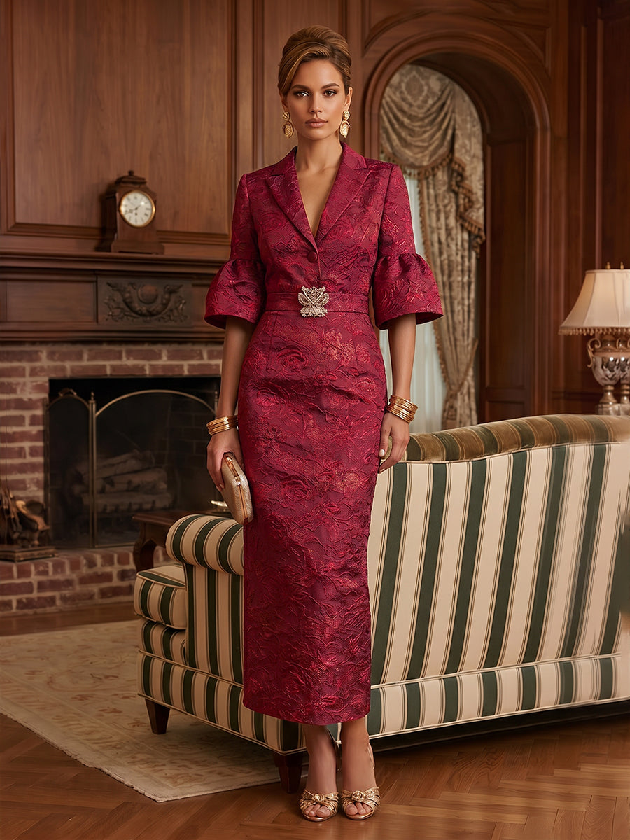 Jacquard Sheath/Column V-Neck Tea-Length Mother of the Bride & Groom Dresses for Women