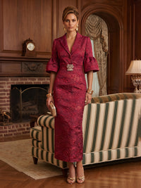Jacquard Sheath/Column V-Neck Tea-Length Mother of the Bride & Groom Dresses for Women