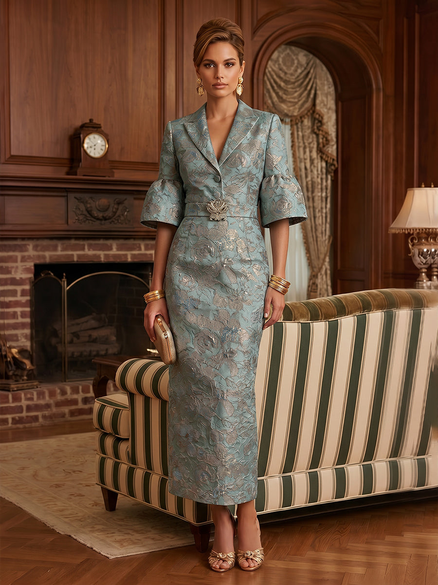 Jacquard Sheath/Column V-Neck Tea-Length Mother of the Bride & Groom Dresses for Women