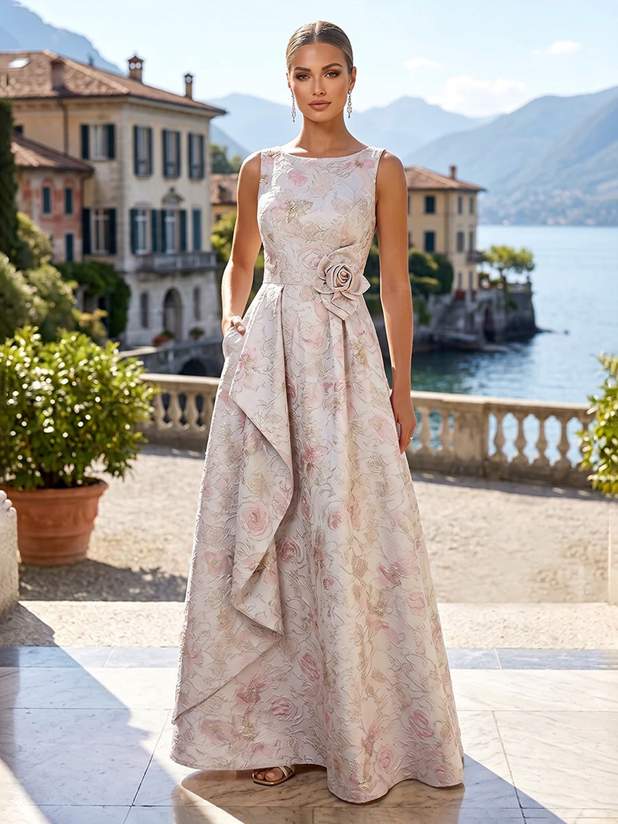 Jacquard A-Line/Princess Scoop Neck Floor-Length Mother of the Bride & Groom Dresses with Ruffles, Pleats & Pockets