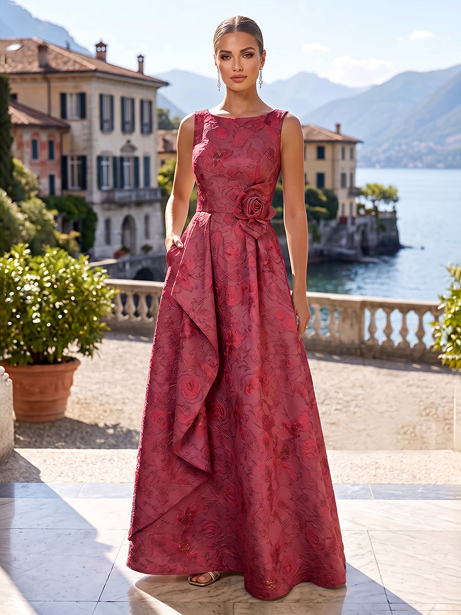 Jacquard A-Line/Princess Scoop Neck Floor-Length Mother of the Bride & Groom Dresses with Ruffles, Pleats & Pockets