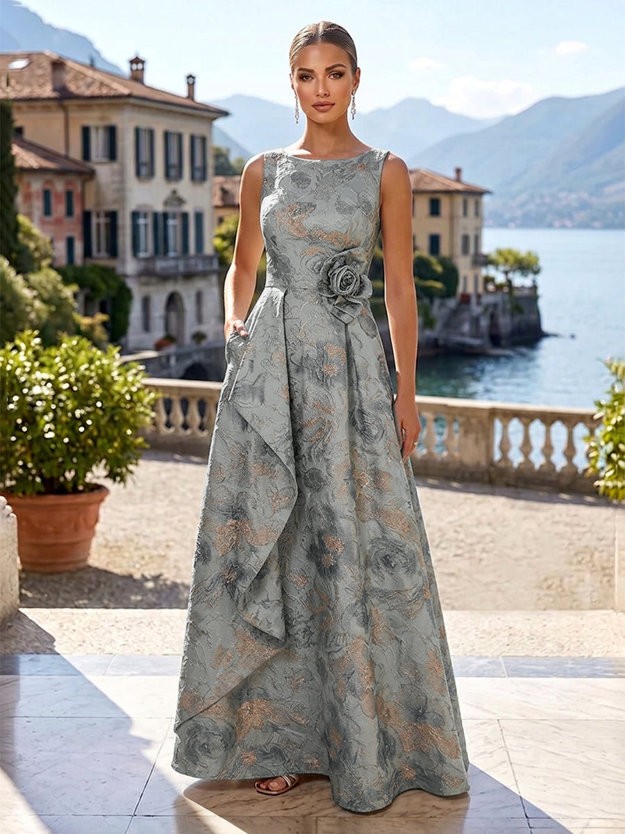 Jacquard A-Line/Princess Scoop Neck Floor-Length Mother of the Bride & Groom Dresses with Ruffles, Pleats & Pockets