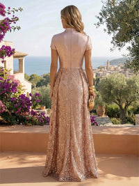 Sequin Floral Sheath/Column V-Neck Floor-Length Mother of the Bride & Groom Dresses with Ruched Satin Bodice