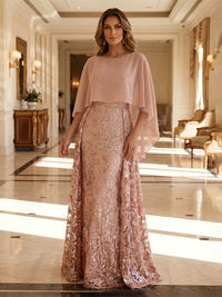 Sequin Floral Sheath/Column Scoop Neck Floor-Length Mother of the Bride & Groom Dresses with Chiffon Cape