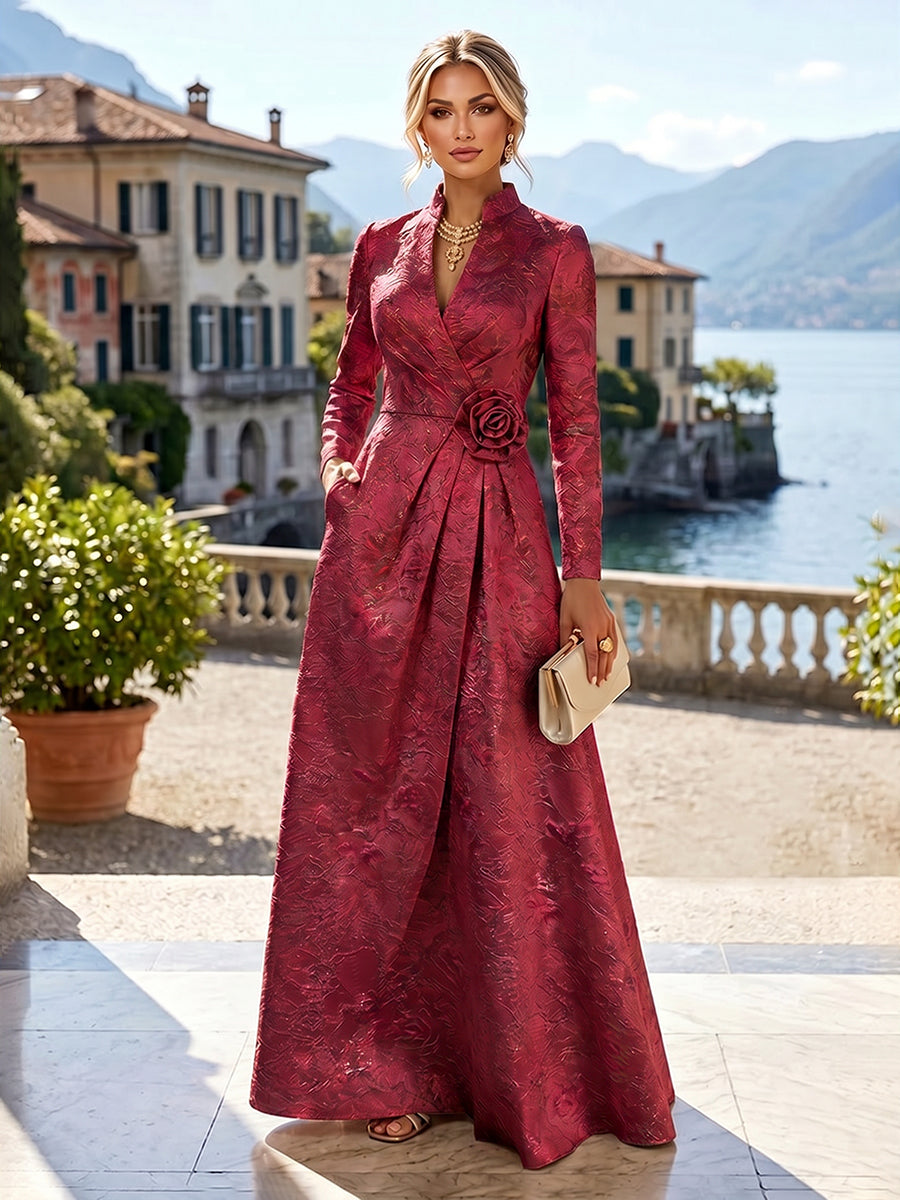 Jacquard A-Line/Princess V-Neck Floor-Length Mother of the Bride & Groom Dresses with Ruched Waist & Pockets