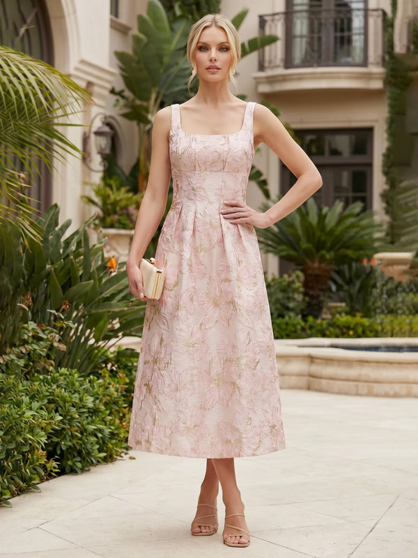 Jacquard A-Line/Princess Square Neck Tea-Length Mother of the Bride & Groom Dresses with Ruched Waist