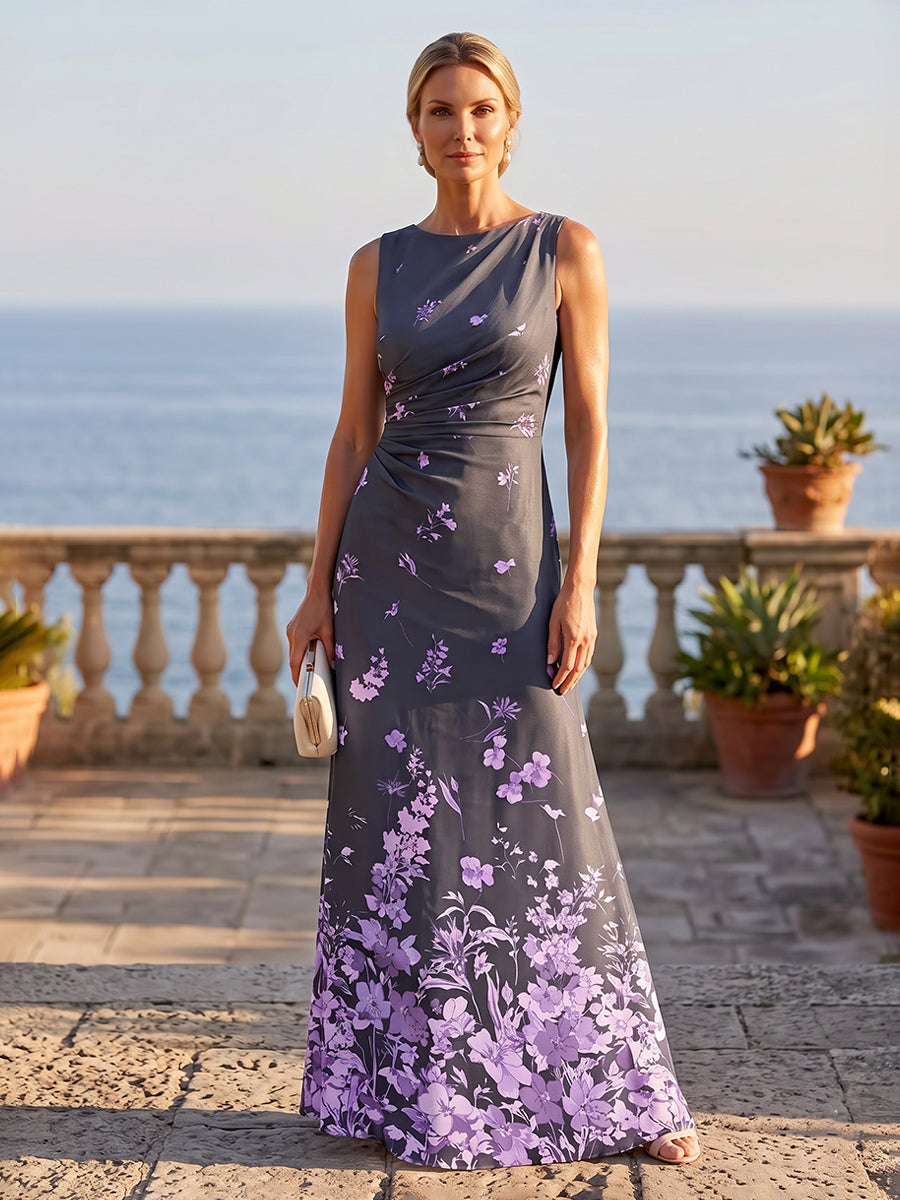 Floral Print A-Line/Princess Scoop Neck Floor-Length Mother of the Bride & Groom Dresses with Ruched Waist