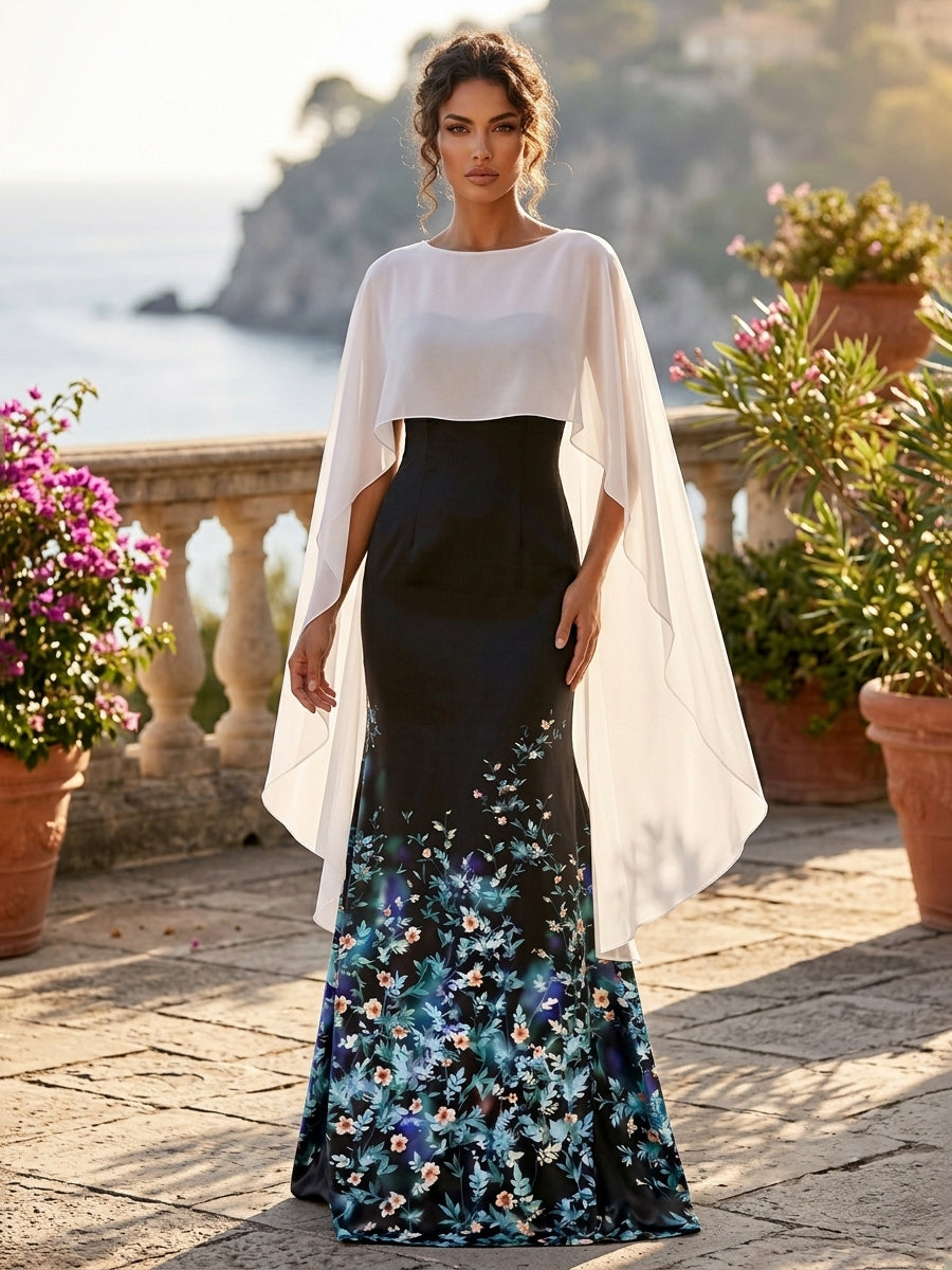 Floral Print A-Line/Princess Scoop Neck Floor-Length Mother of the Bride & Groom Dresses with Chiffon Cape