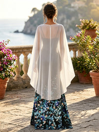 Floral Print A-Line/Princess Scoop Neck Floor-Length Mother of the Bride & Groom Dresses with Chiffon Cape