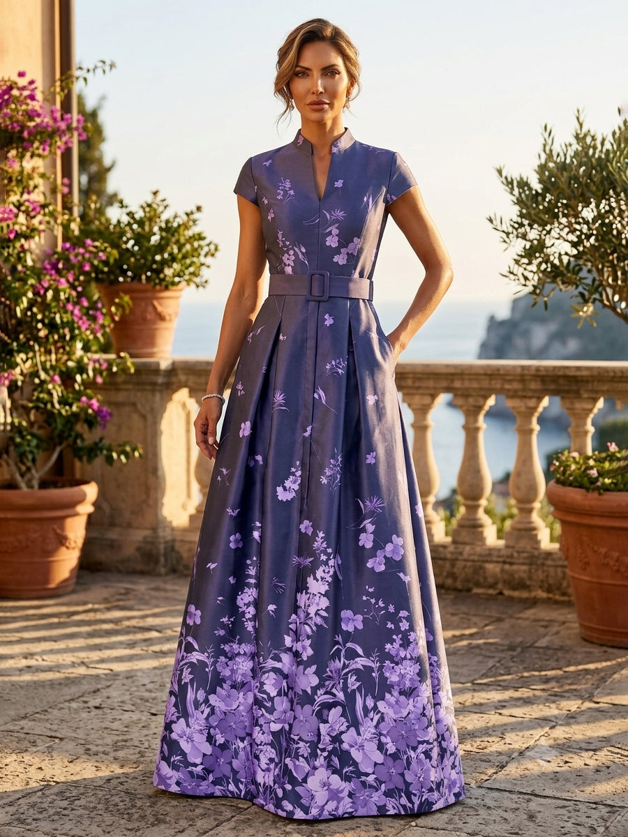 Floral Print A-Line/Princess V-Neck Floor-Length Mother of the Bride & Groom Dresses with Belt & Pockets