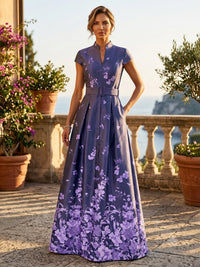 Floral Print A-Line/Princess V-Neck Floor-Length Mother of the Bride & Groom Dresses with Belt & Pockets