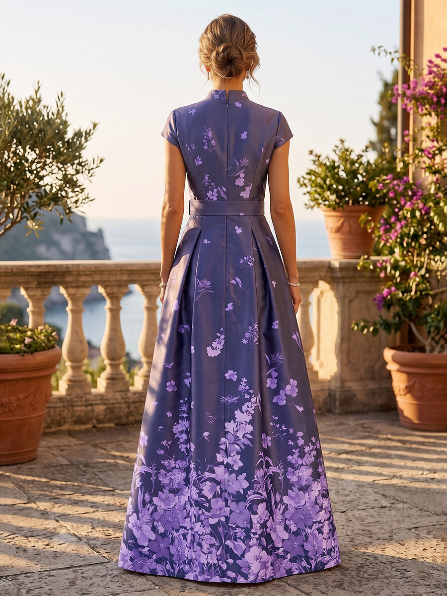 Floral Print A-Line/Princess V-Neck Floor-Length Mother of the Bride & Groom Dresses with Belt & Pockets