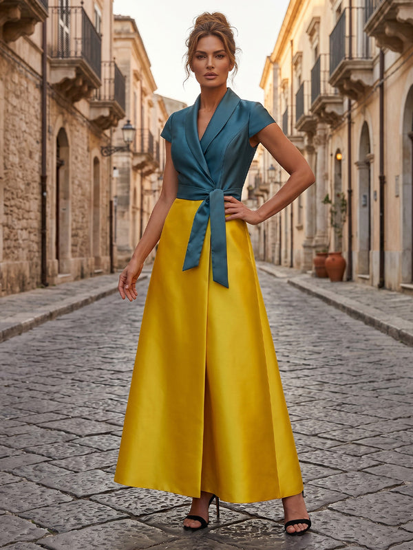 Satin A-Line/Princess V-Neck Floor-Length Mother of the Bride & Groom Dresses with Belt & Colorblock Detail