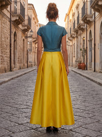 Satin A-Line/Princess V-Neck Floor-Length Mother of the Bride & Groom Dresses with Belt & Colorblock Detail