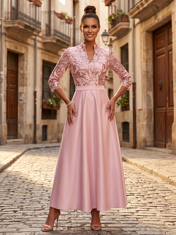 Satin A-Line/Princess V-Neck Floor-Length Mother of the Bride & Groom Dresses with Sequin Floral Bodice & Pleats