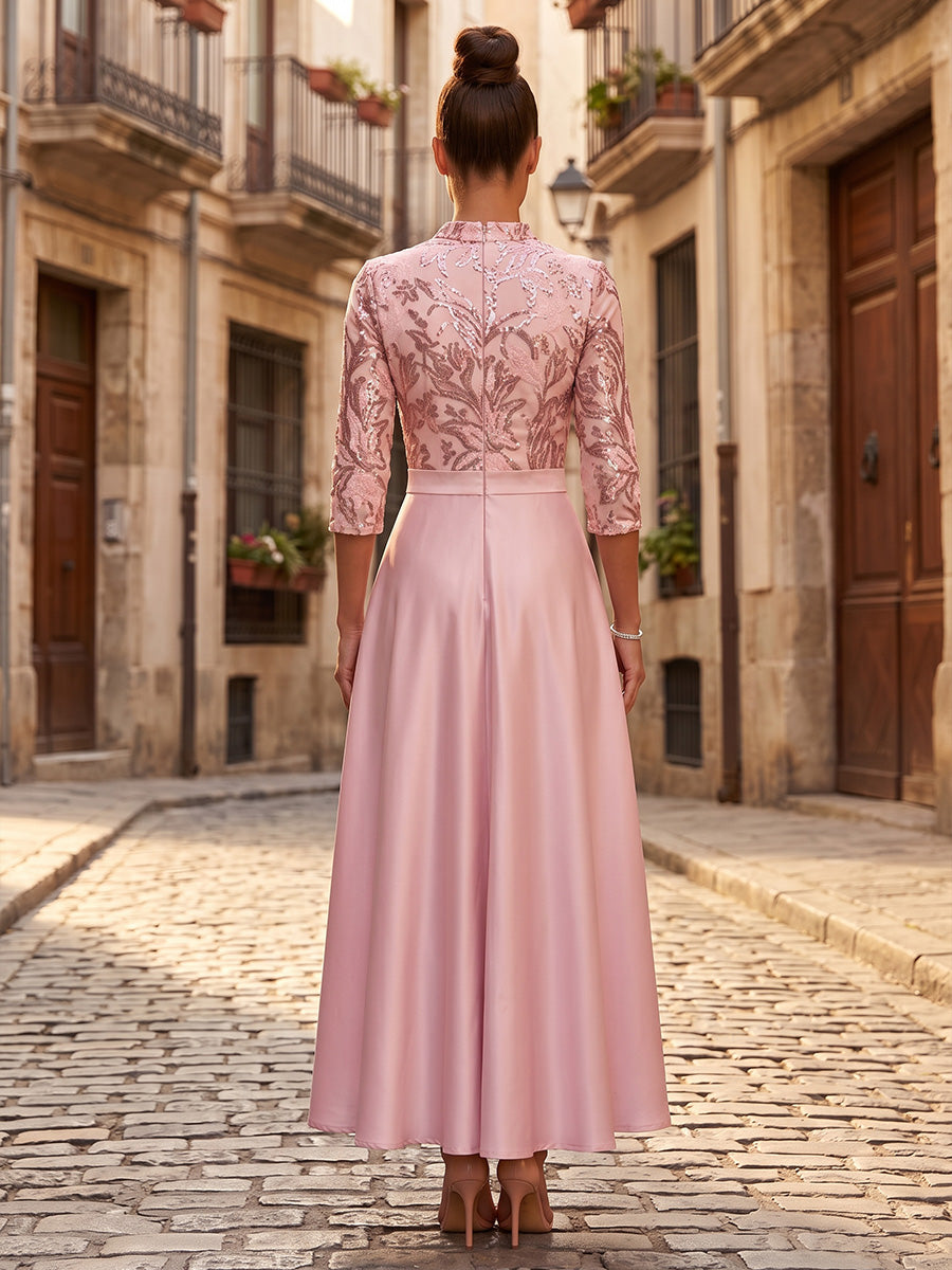 Satin A-Line/Princess V-Neck Floor-Length Mother of the Bride & Groom Dresses with Sequin Floral Bodice & Pleats
