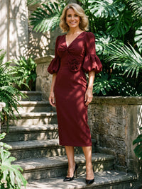 Satin Sheath/Column V-Neck Tea-Length Mother of the Bride & Groom Dresses with Ruched Waist