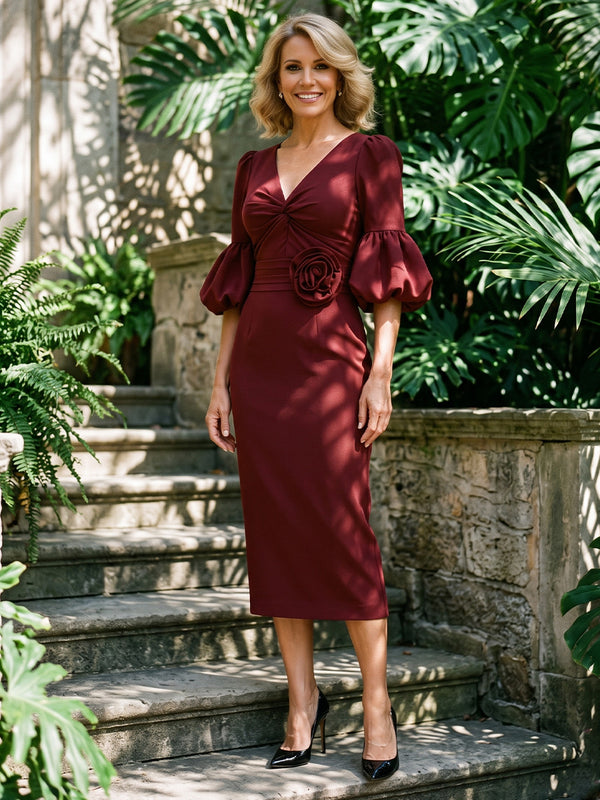 Satin Sheath/Column V-Neck Tea-Length Mother of the Bride & Groom Dresses with Ruched Waist