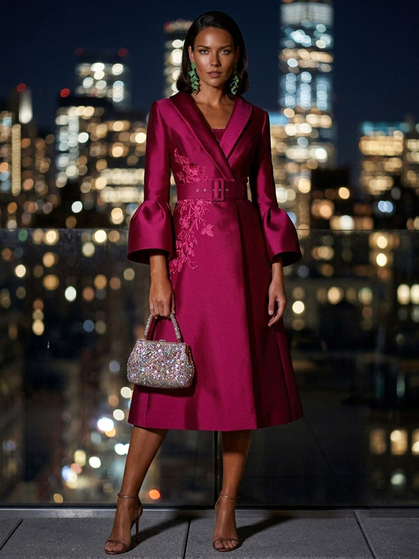 Satin A-Line/Princess V-Neck Tea-Length Mother of the Bride & Groom Dresses with Belt