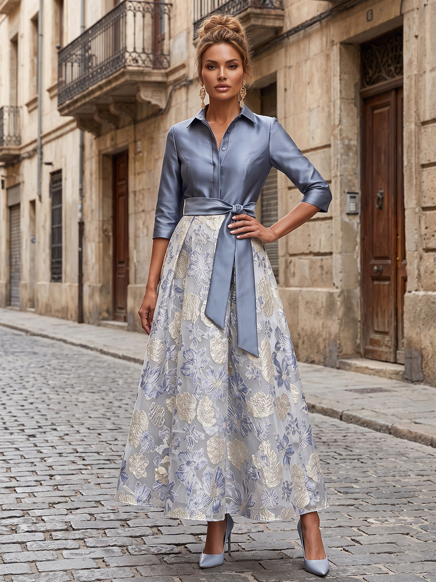 Jacquard A-Line/Princess V-Neck Floor-Length Mother of the Bride & Groom Dresses with Satin Bodice & Belt