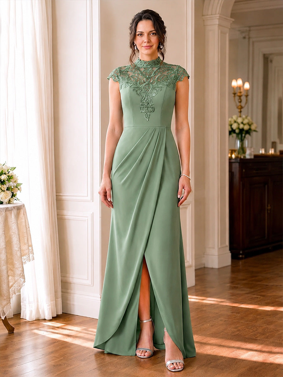 Satin A-Line/Princess High Neck Floor-Length Mother of the Bride & Groom Dresses with Lace