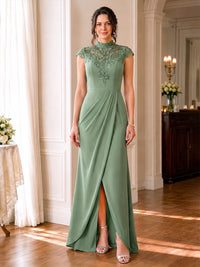Satin A-Line/Princess High Neck Floor-Length Mother of the Bride & Groom Dresses with Lace