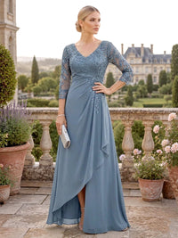 Chiffon A-Line/Princess V-Neck Floor-Length Mother of the Bride & Groom Dresses with Lace Floral, Ruffles & Ruched Waist