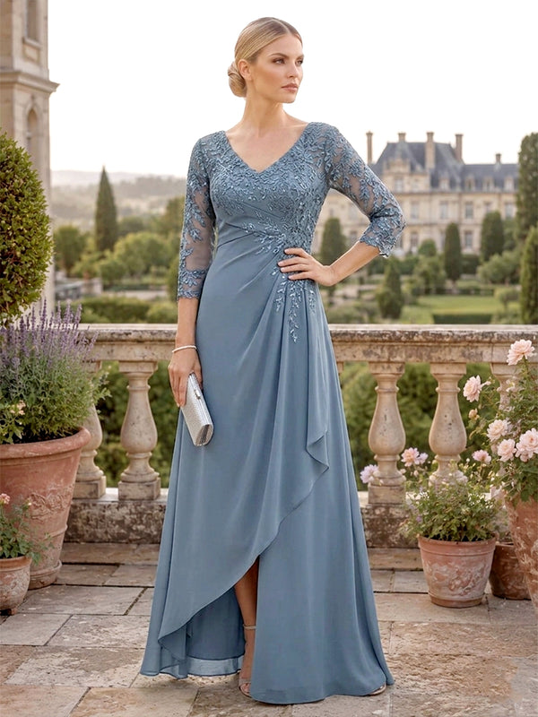 Chiffon A-Line/Princess V-Neck Floor-Length Mother of the Bride & Groom Dresses with Lace Floral, Ruffles & Ruched Waist