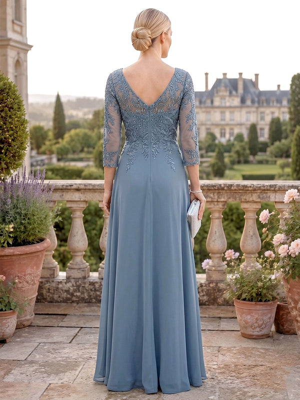Chiffon A-Line/Princess V-Neck Floor-Length Mother of the Bride & Groom Dresses with Lace Floral, Ruffles & Ruched Waist