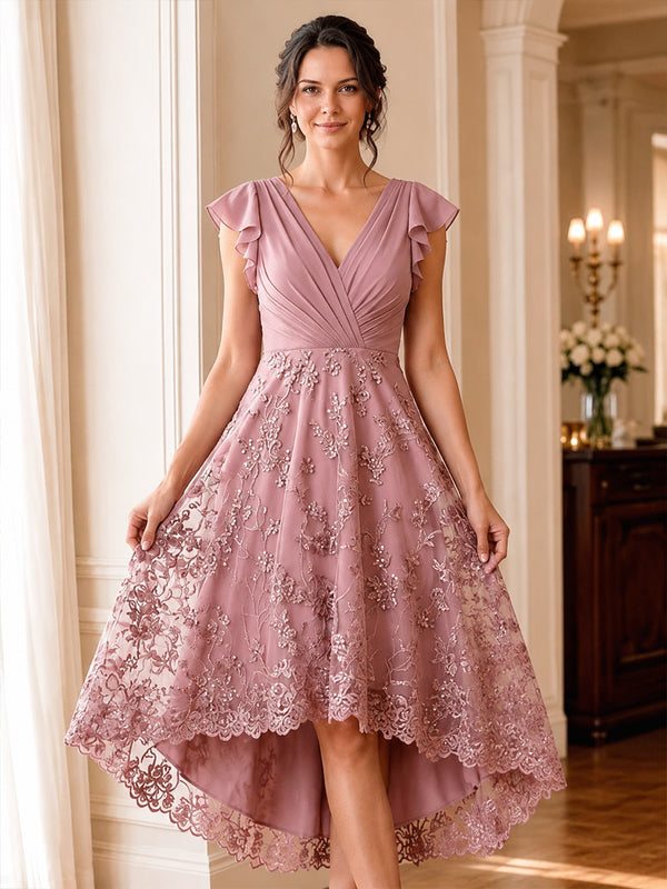 Sequin Floral A-Line/Princess V-Neck Tea-Length Mother of the Bride & Groom Dresses with Chiffon Bodice & Ruffles