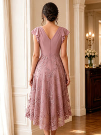 Sequin Floral A-Line/Princess V-Neck Tea-Length Mother of the Bride & Groom Dresses with Chiffon Bodice & Ruffles