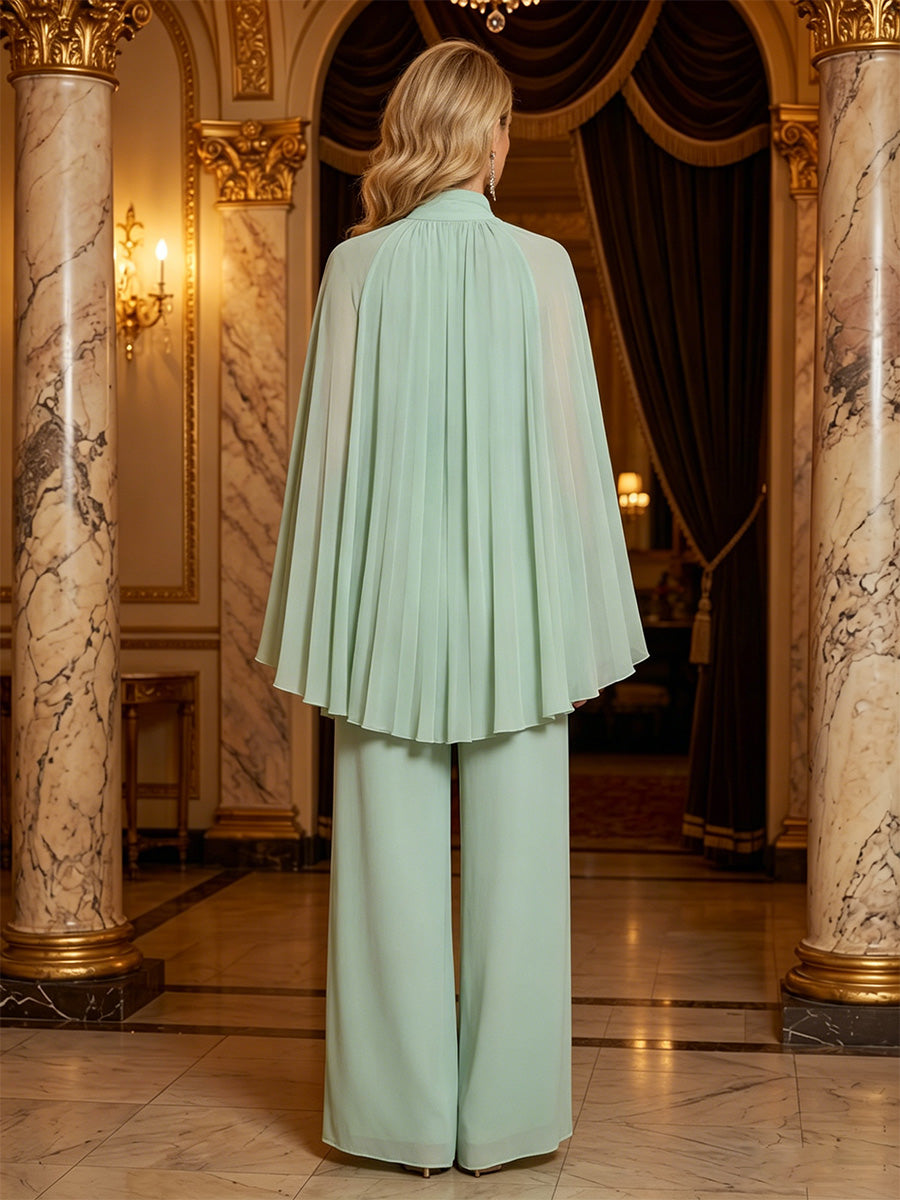 Chiffon Jumpsuit High Neck Floor-Length Mother of the Bride & Groom Dresses with Pleats