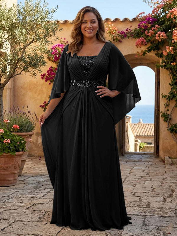 Plus Size Chiffon A-Line/Princess Square Neck Floor-Length Mother of the Bride & Groom Dresses with Pleats