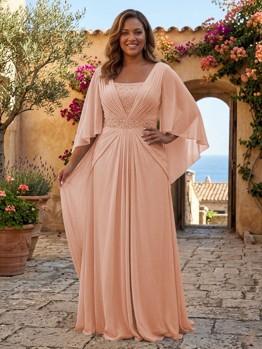 Plus Size Chiffon A-Line/Princess Square Neck Floor-Length Mother of the Bride & Groom Dresses with Pleats