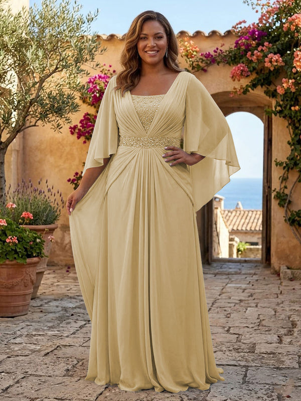 Plus Size Chiffon A-Line/Princess Square Neck Floor-Length Mother of the Bride & Groom Dresses with Pleats