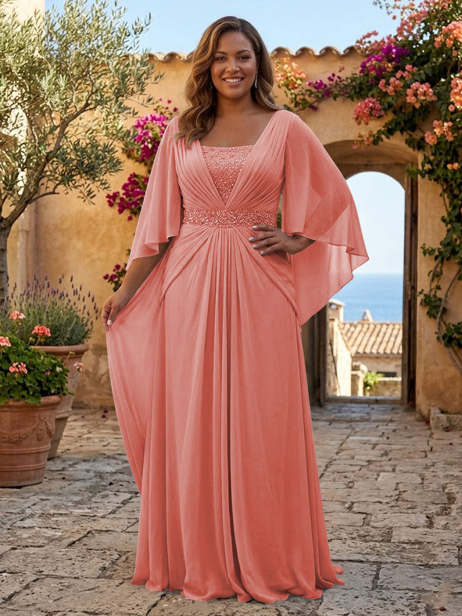 Plus Size Chiffon A-Line/Princess Square Neck Floor-Length Mother of the Bride & Groom Dresses with Pleats