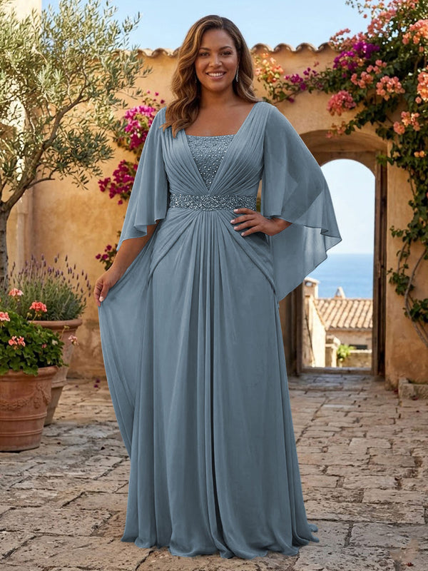 Plus Size Chiffon A-Line/Princess Square Neck Floor-Length Mother of the Bride & Groom Dresses with Pleats