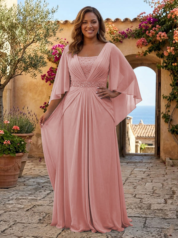 Plus Size Chiffon A-Line/Princess Square Neck Floor-Length Mother of the Bride & Groom Dresses with Pleats