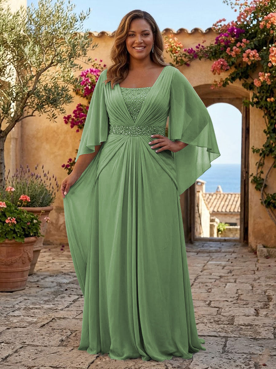 Plus Size Chiffon A-Line/Princess Square Neck Floor-Length Mother of the Bride & Groom Dresses with Pleats